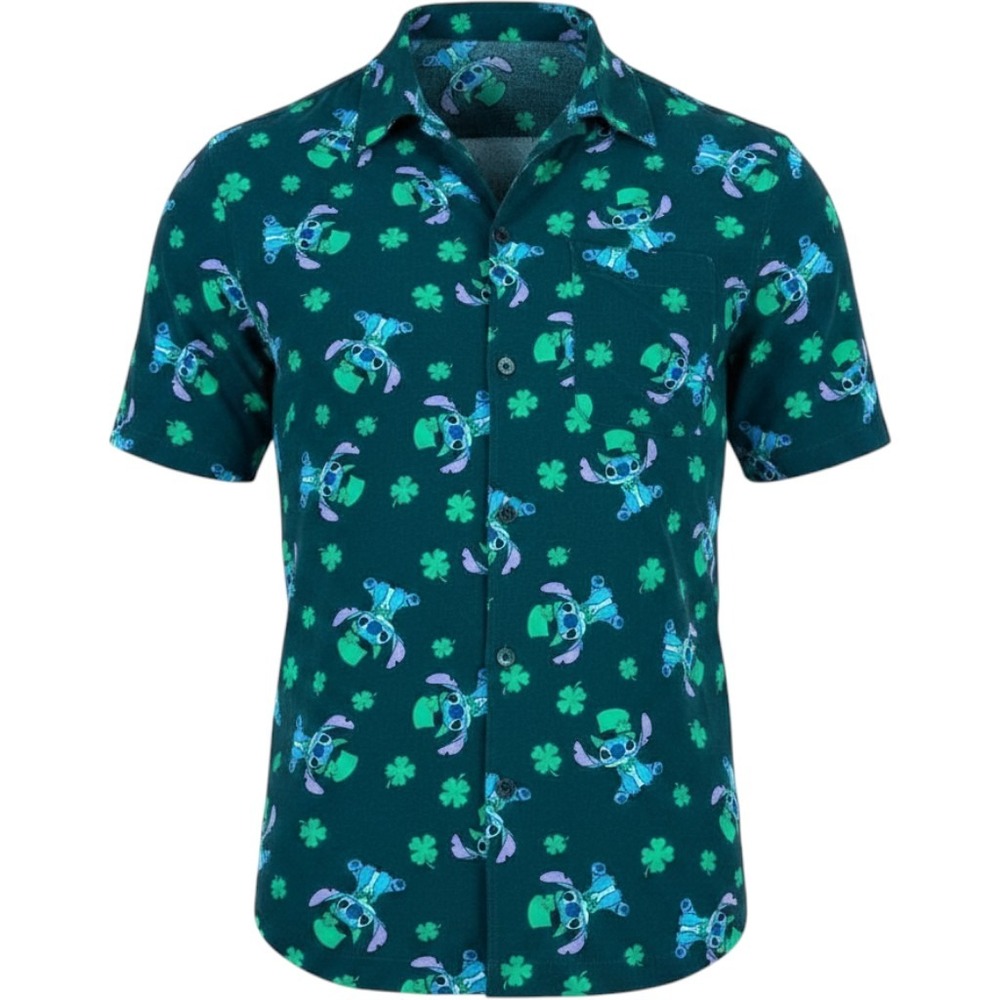 Disney Stitch St. Patricks Day Shirt Mens Small Green Shamrock Button Down Rayon